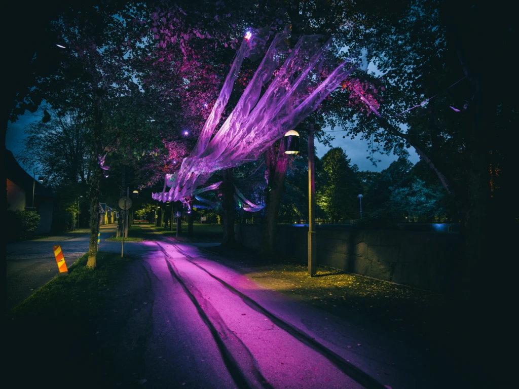 Lila ljus på en trottoar.