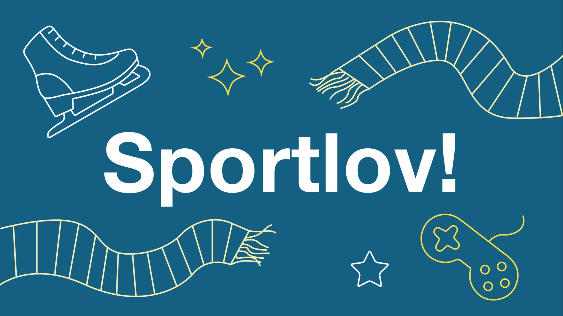 Grafisk bild med skridsko, halsduk och spelkonsol med texten sportlov