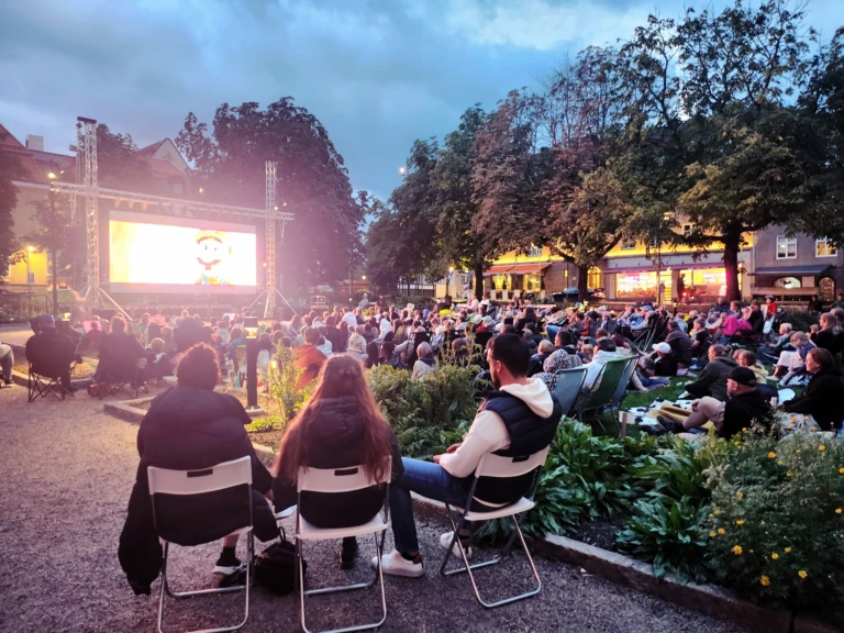 Hundratals personer sitter i en park och kollar på en stor skärm i skymning.