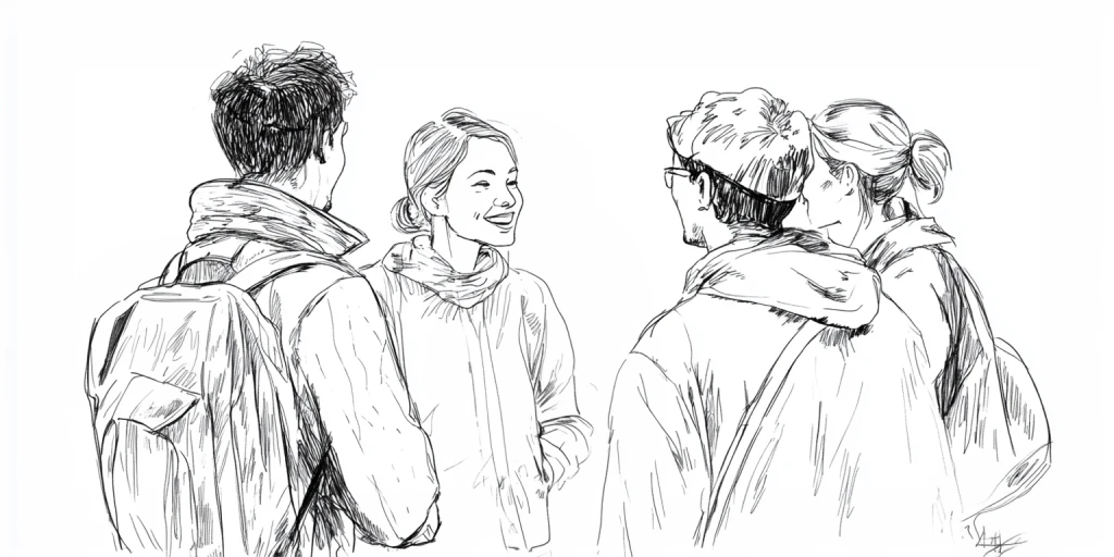 En linjemålning av några ungdomar som pratar.