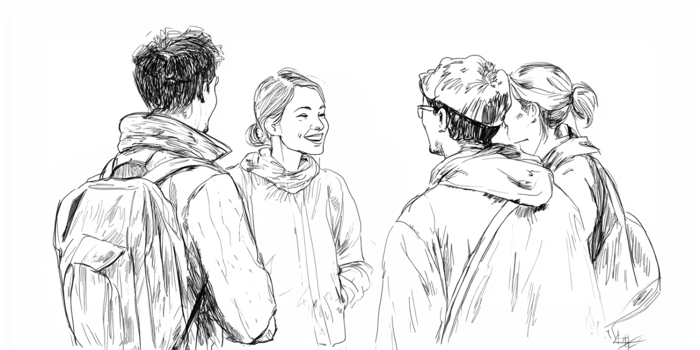 En linjemålning av några ungdomar som pratar.