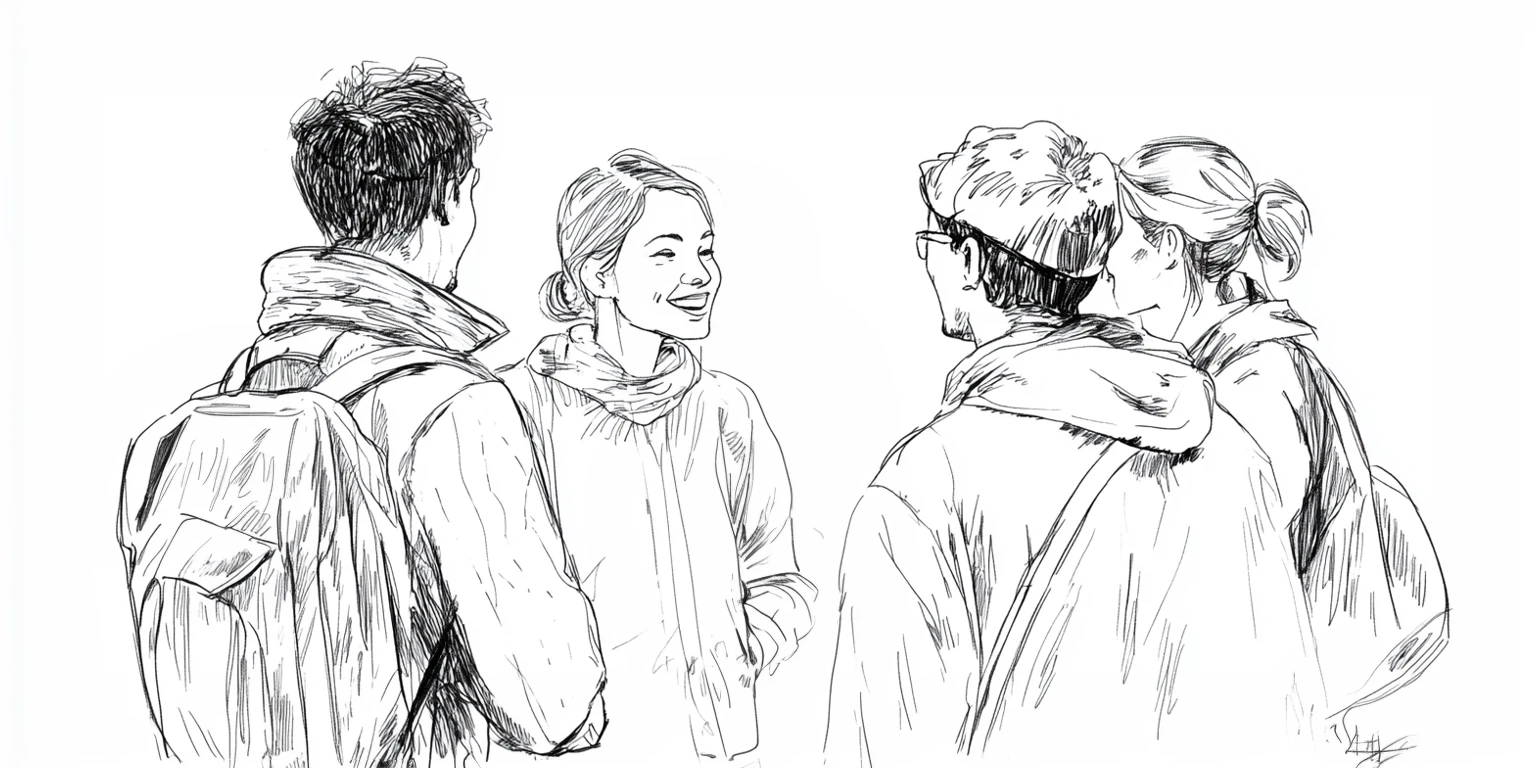 En linjemålning av några ungdomar som pratar.