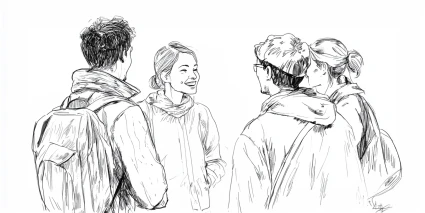 En linjemålning av några ungdomar som pratar.