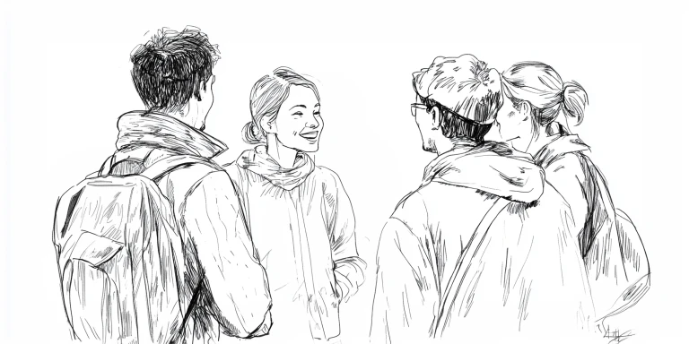 En linjemålning av några ungdomar som pratar.