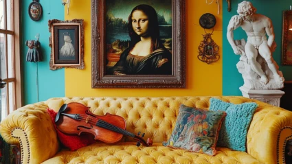 En soffa med en fiol i och tavlan Mona Lisa i bakgrunden.
