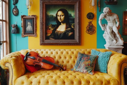 En soffa med en fiol i och tavlan Mona Lisa i bakgrunden.