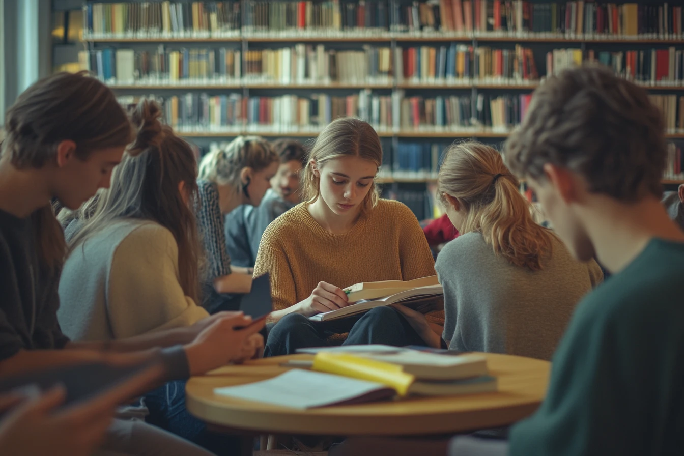 En grupp ungdomar som studerar på ett bibliotek.