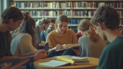 En grupp ungdomar som studerar på ett bibliotek.