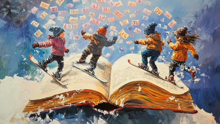 Barn som åker skidor på en bok.