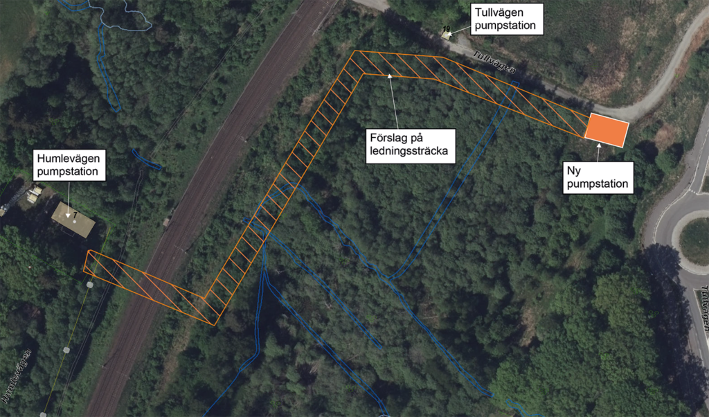 Kartbild över hur en ny pumstation ersätter två gamla.