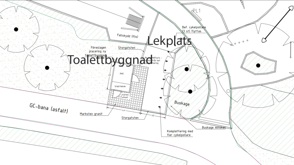 Skiss på placering av Toalettbyggnad i Plantaget vid lekplatsen