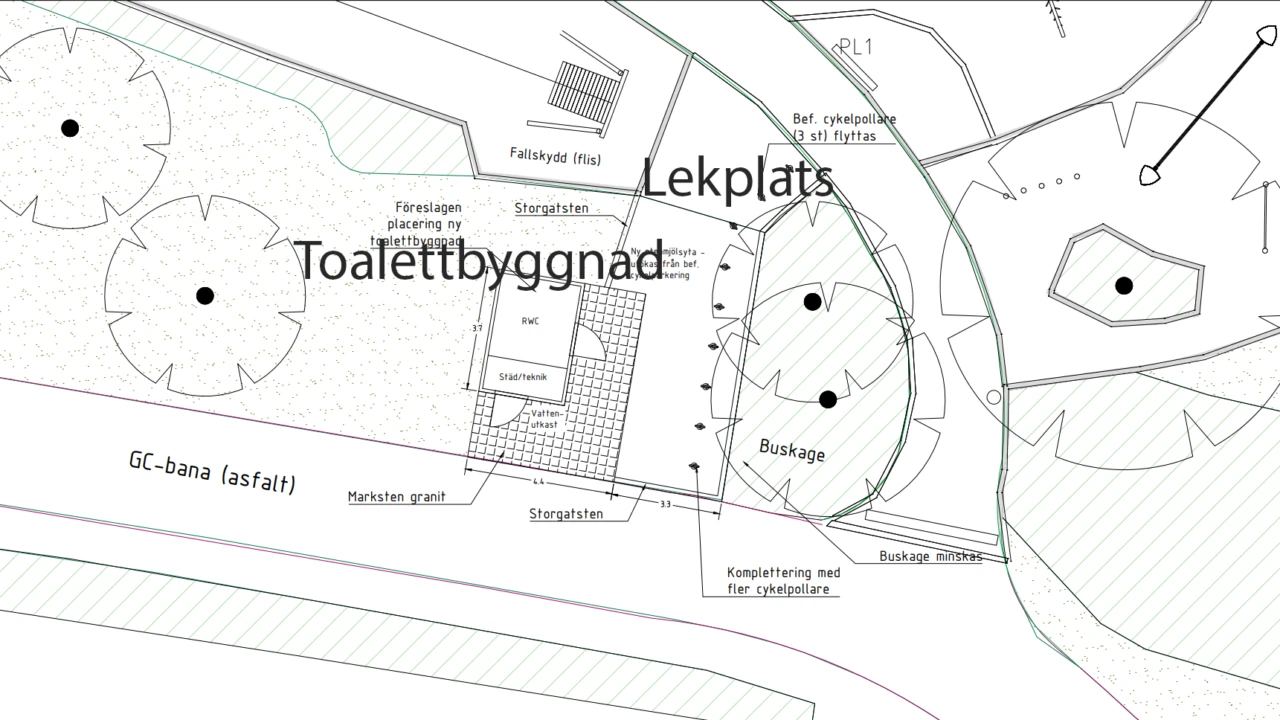 Skiss på placering av Toalettbyggnad i Plantaget vid lekplatsen