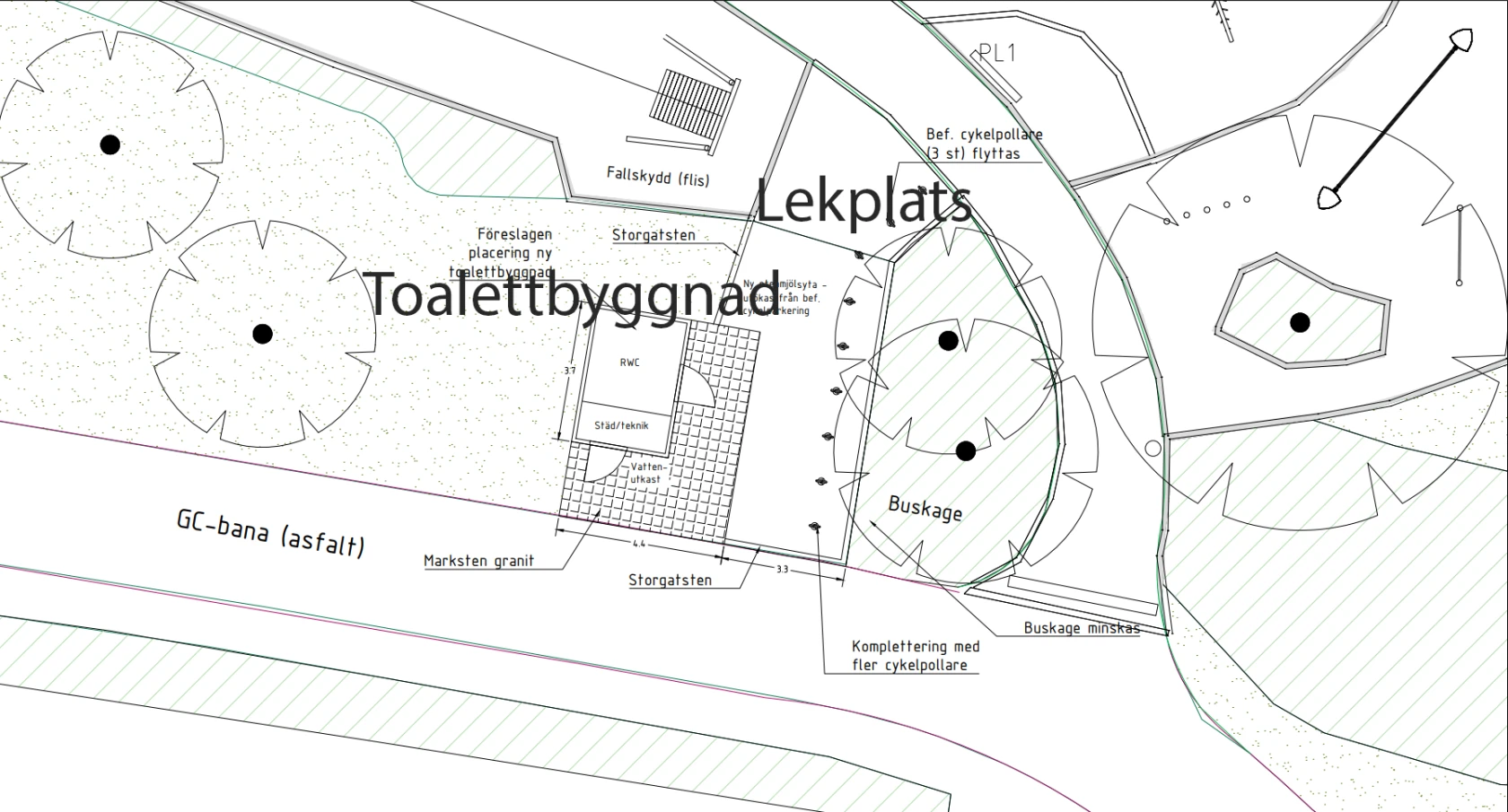 Skiss på placering av Toalettbyggnad i Plantaget vid lekplatsen