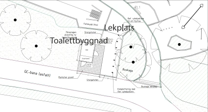Skiss på placering av Toalettbyggnad i Plantaget vid lekplatsen