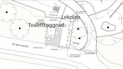 Skiss på placering av Toalettbyggnad i Plantaget vid lekplatsen