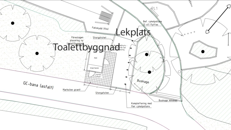 Skiss på placering av Toalettbyggnad i Plantaget vid lekplatsen