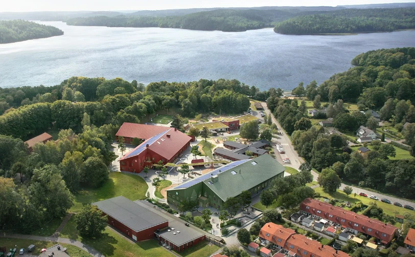 En flygbild över hur Ingareds skola och bibliotek ska se ut.