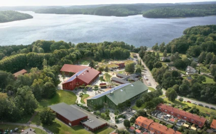 En flygbild över hur Ingareds skola och bibliotek ska se ut.