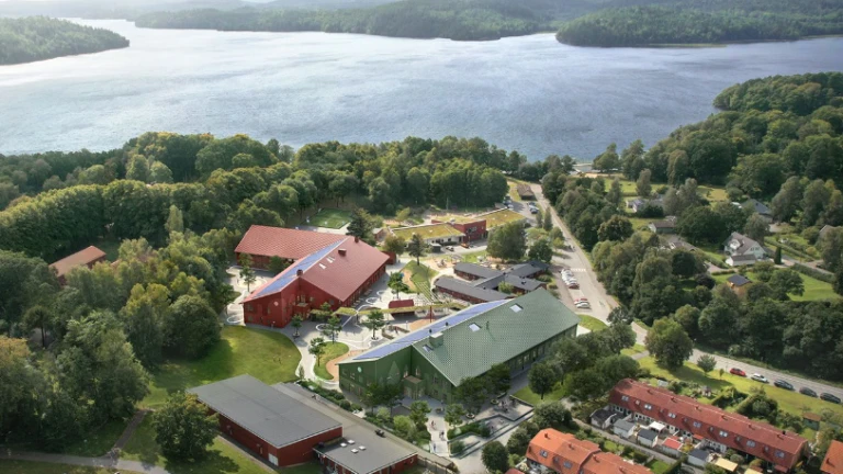 En flygbild över hur Ingareds skola och bibliotek ska se ut.