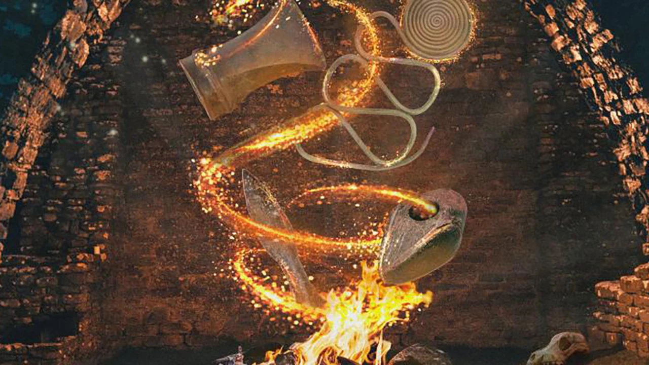 Bronsföremål och eld i en virvel