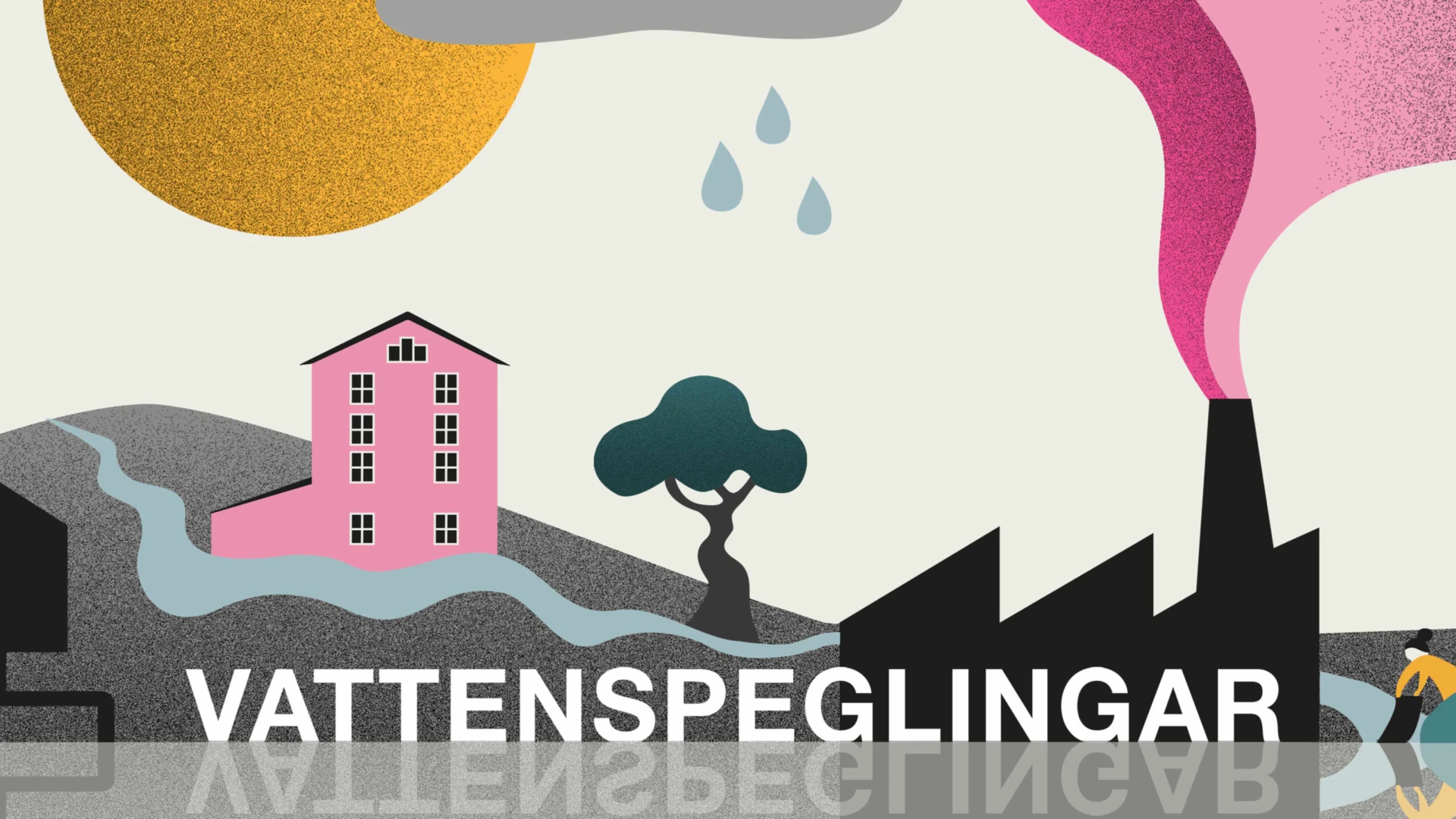 Illustration av hus, fabrik, landskap, människa och vatten