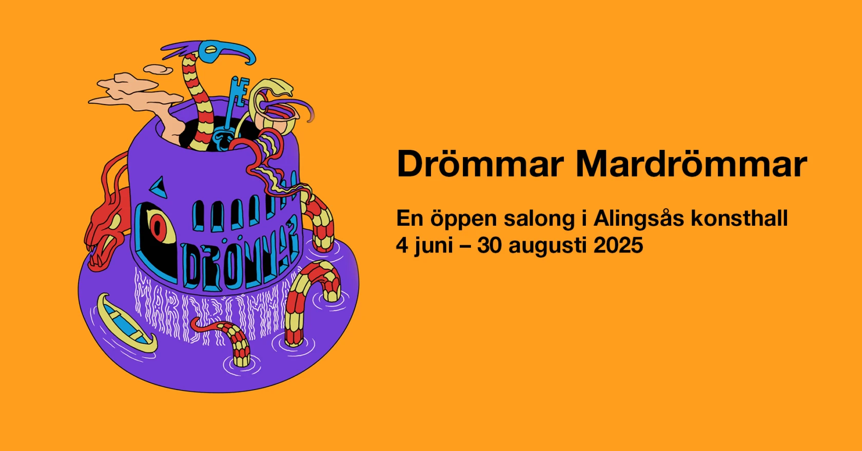 Grafisk bild med information om utställning på konsthallen. Orange bakgrund, lila grafisk symbol.