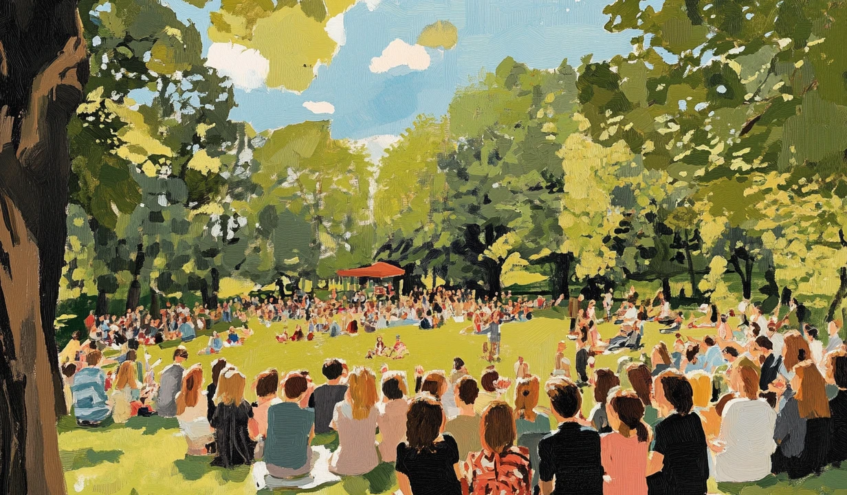 En målning av en grupp människor samlade i en park.