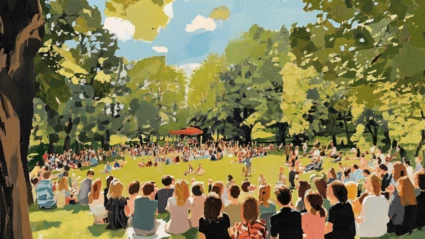 En målning av en grupp människor samlade i en park.