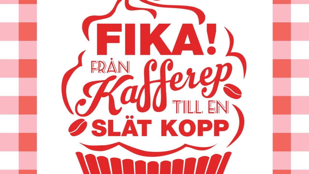 Bild på en cupcake med texten "Fika!" i rött mot vit bakgrund.