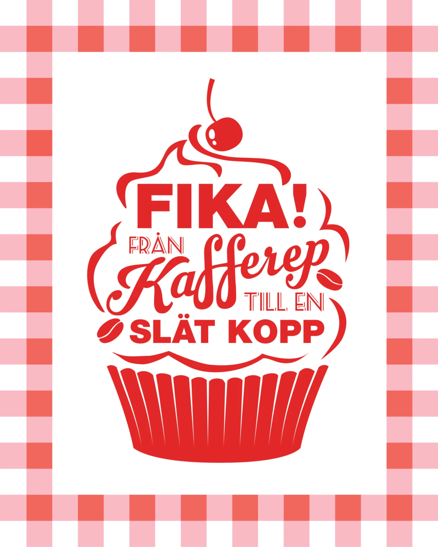 Bild på en cupcake med texten "Fika!" i rött mot vit bakgrund.