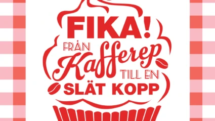 Bild på en cupcake med texten "Fika!" i rött mot vit bakgrund.
