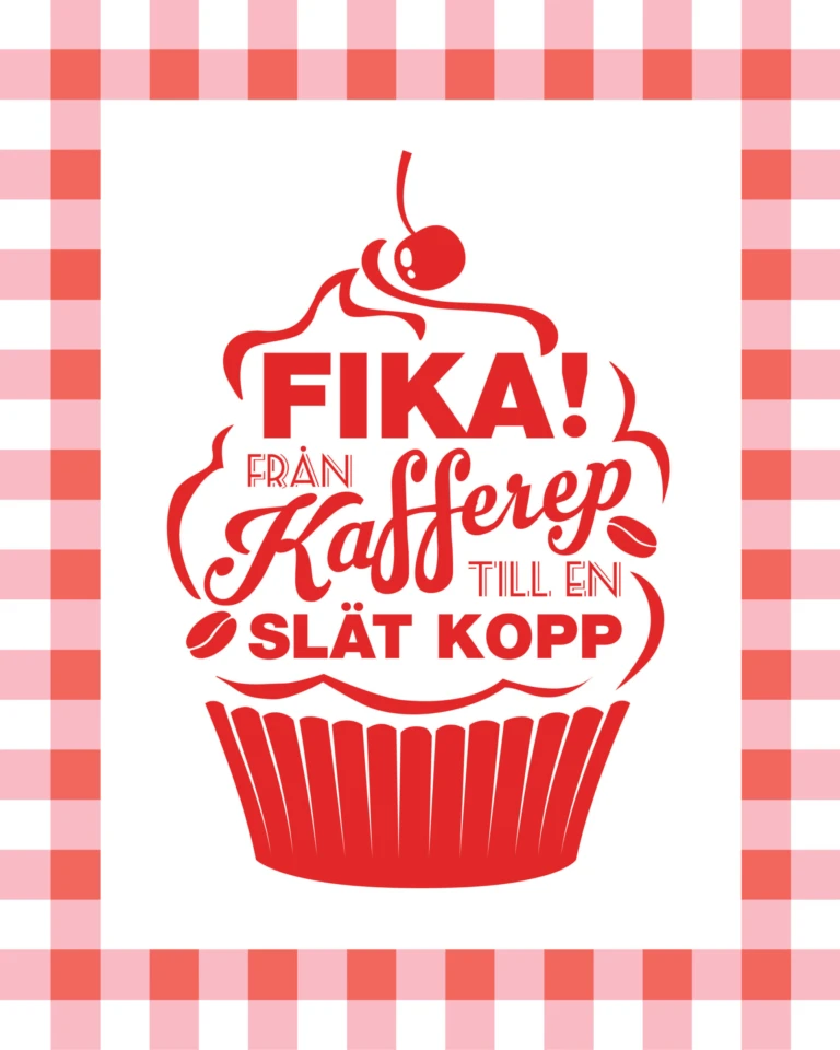 Bild på en cupcake med texten "Fika!" i rött mot vit bakgrund.