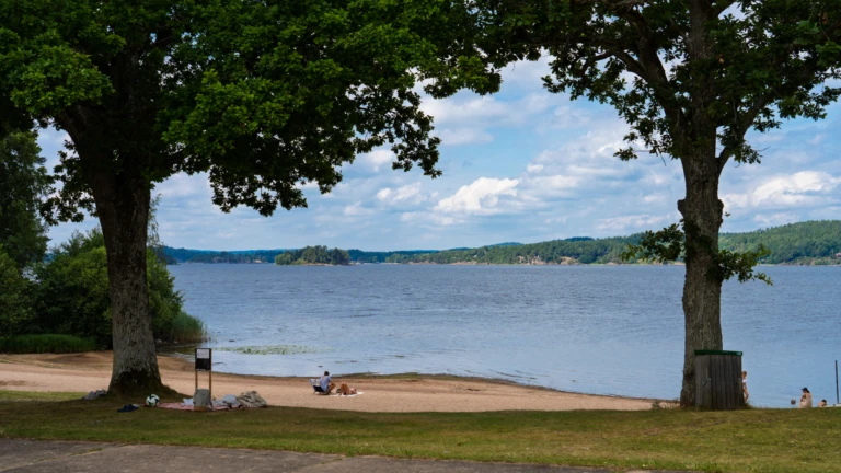 Playa Mjörn med moln på himlen och träd i förgrunden.