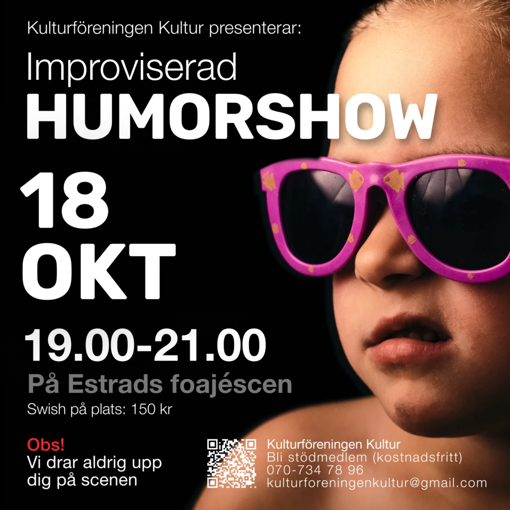 affisch-bild för improteater, text över en bild