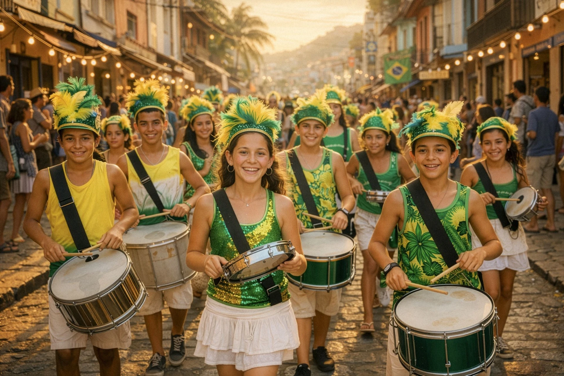 Barn som spelar i en sambaorkester. AI-genererad.
