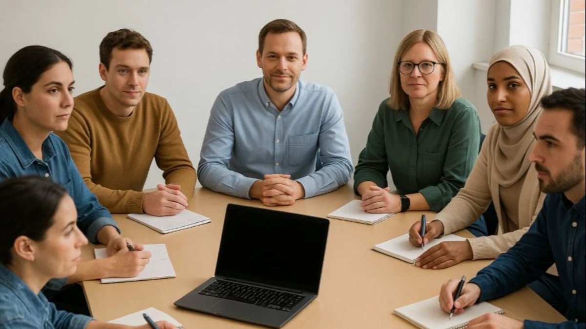 Personer som sitter runt att bord med anteckningsblock