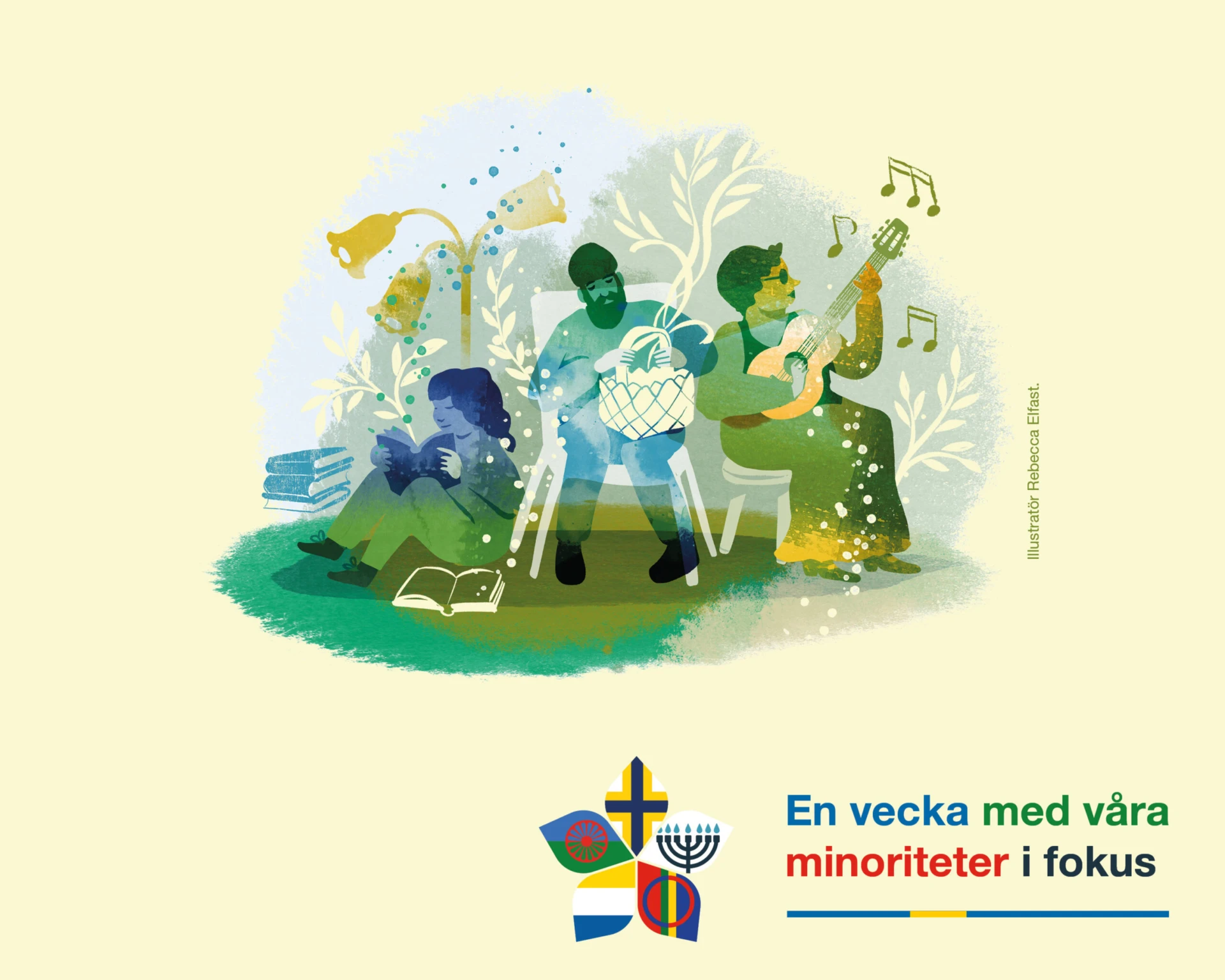 Grafik med minoriteter som spelar instrument och en logga med flaggor i hörnet. Illustratör Rebecca Elfast.