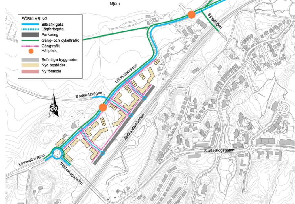 Illustration över planförslagets nya gatustruktur.