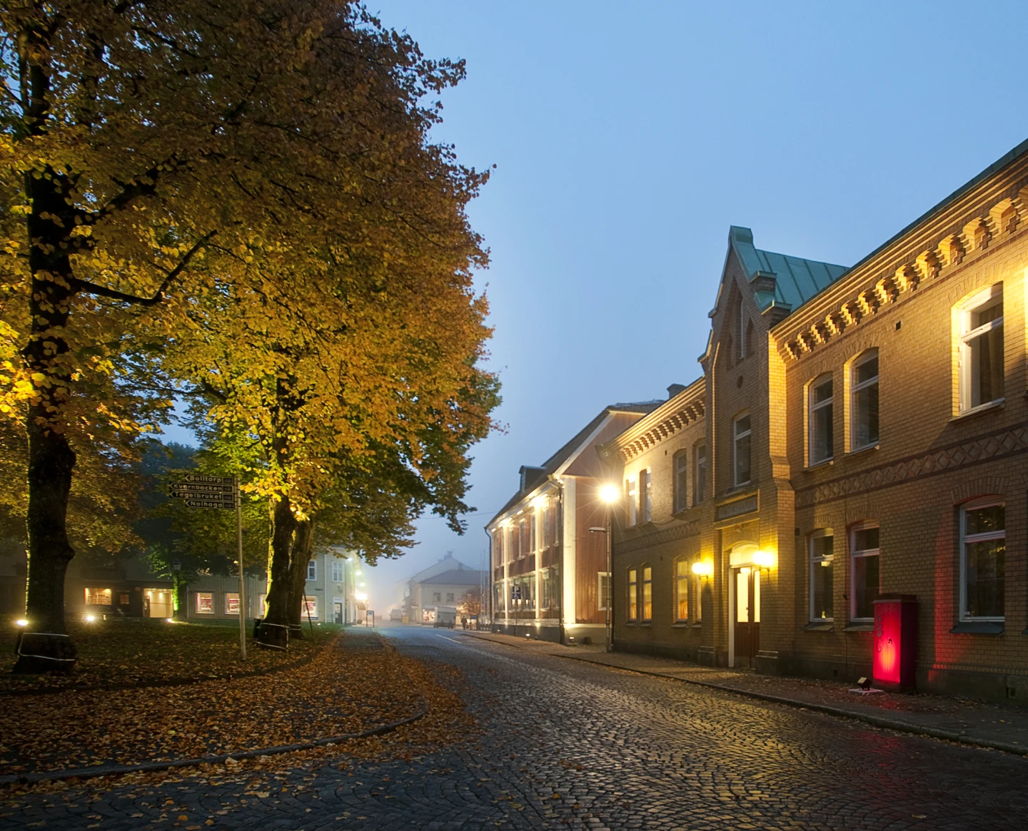 En bild taget på natten i centrala Alingsås.