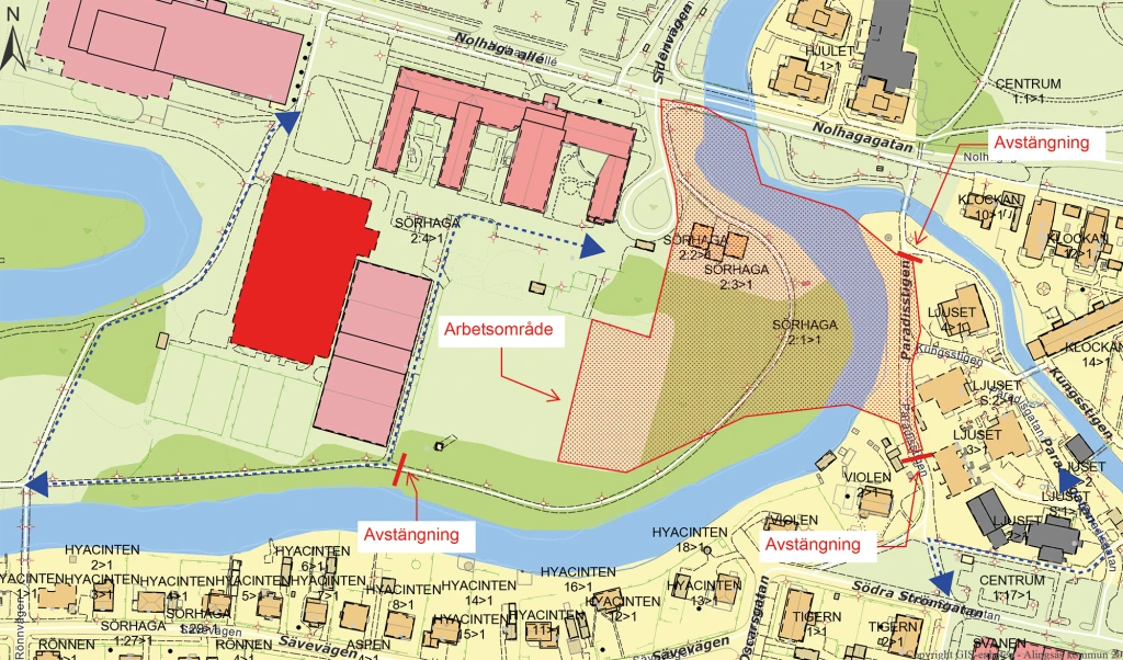 Karta över arbetsområdet med avstängningar markerade.