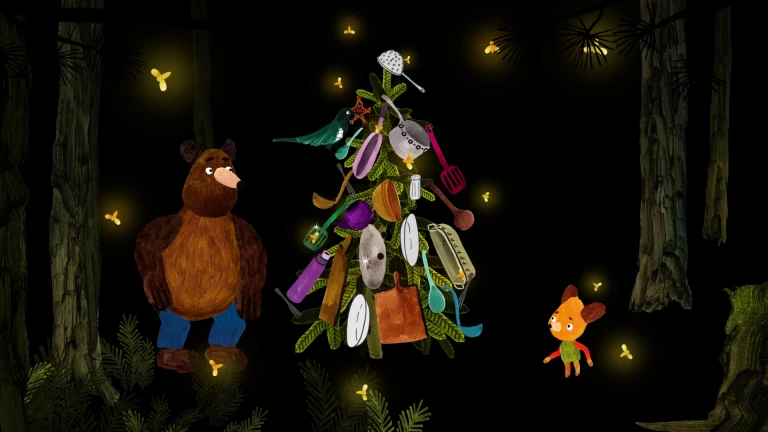 björnar och en gran med kastruller i