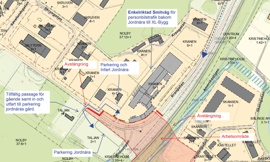 Karta över avstängning och arbetsområde.