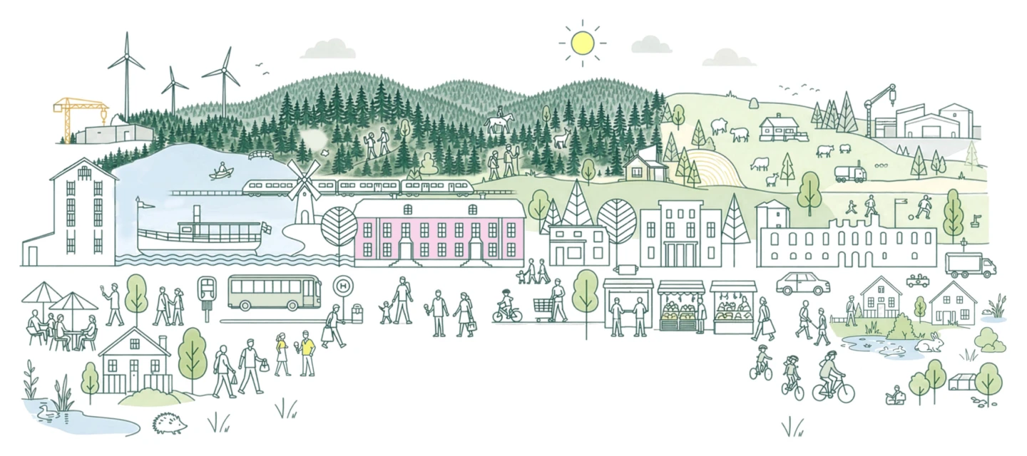 Grafik med hundratals detaljer som alla kommer från Alingsås. Skog, gårdar, hus, landmärken, folk i stadsmiljö. Grön linjeillustration.