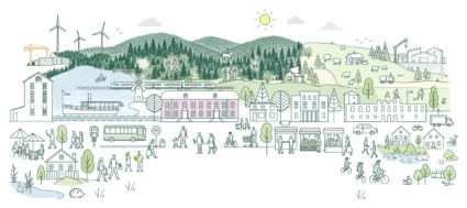 Grafik med hundratals detaljer som alla kommer från Alingsås. Skog, gårdar, hus, landmärken, folk i stadsmiljö. Grön linjeillustration.