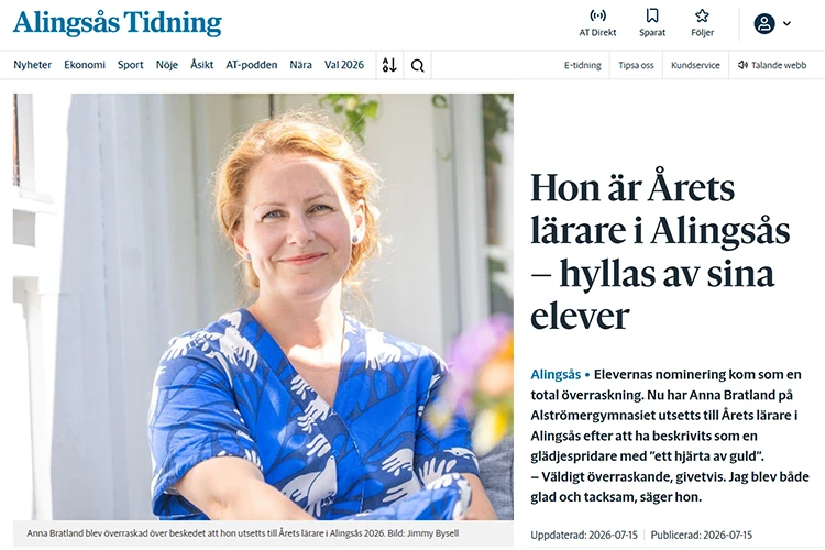 Artikel i Alingsås tidning: Årets lärare 2026