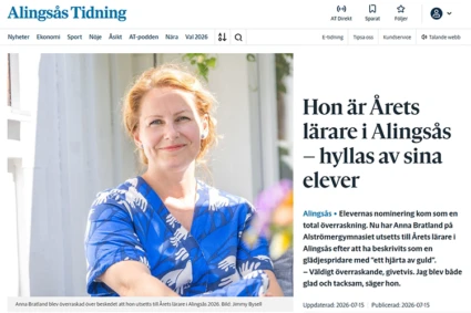 Artikel i Alingsås tidning: Årets lärare 2026
