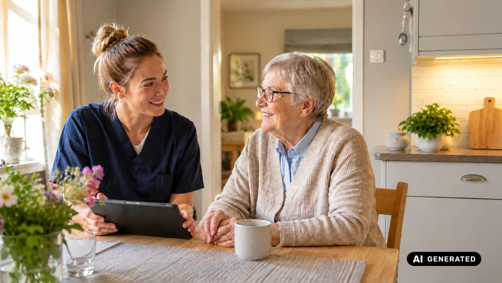 En äldre person och en av kommunens medarbetare sitter vid ett köksbord med en iPad. Bilden är AI-genererad.